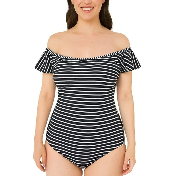 5/$25 Vince Camuto Off-Shoulder Striped One Piece - Black and White - Picture 2 of 7